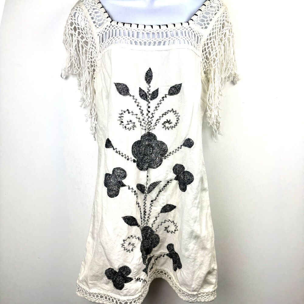 Free People Cotton Linen Embroidered Crochet Fringe Hippy Boho Dress, Sz. 8